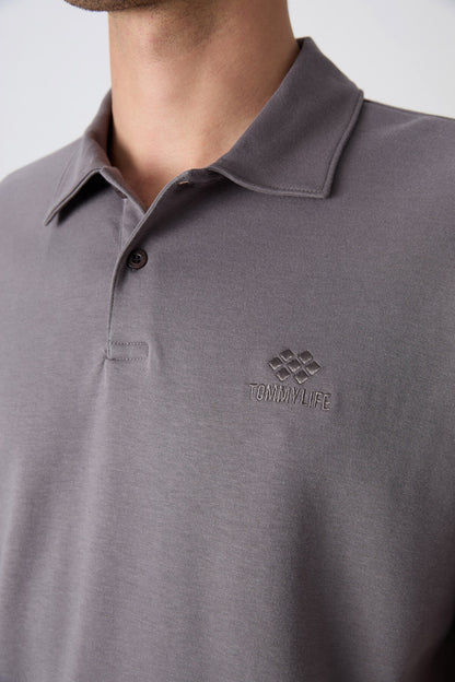 Dark Grey Cotton Thick Soft Textured Oversize Fit Basic Polo Collar Men's T-Shirt - 88327
