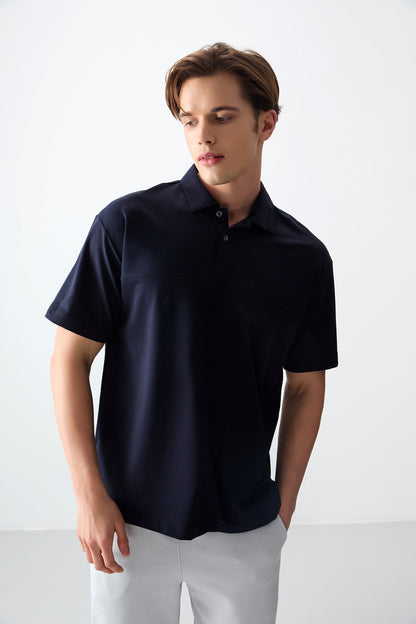 Navy Blue Cotton Thick Soft Textured Polo Collar Oversize Fit Basic Men's T-Shirt - 88382