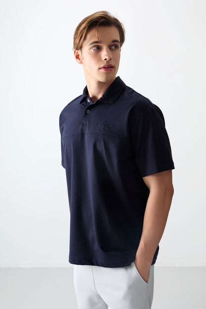 Navy Blue Cotton Thick Soft Textured Polo Collar Oversize Fit Basic Men's T-Shirt - 88382