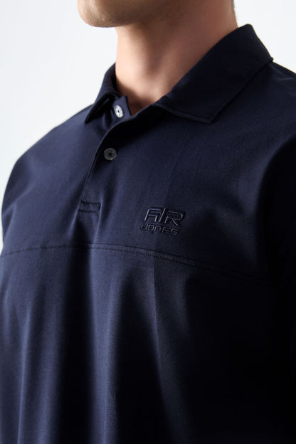 Navy Blue Cotton Thick Soft Textured Polo Collar Oversize Fit Basic Men's T-Shirt - 88382