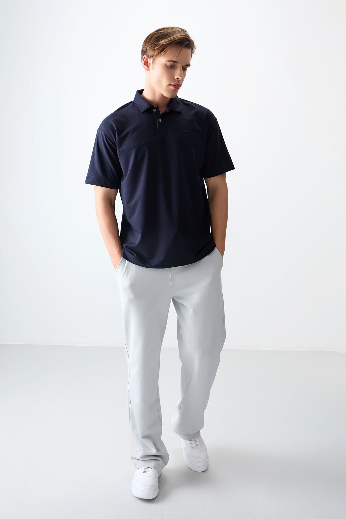 Navy Blue Cotton Thick Soft Textured Polo Collar Oversize Fit Basic Men's T-Shirt - 88382