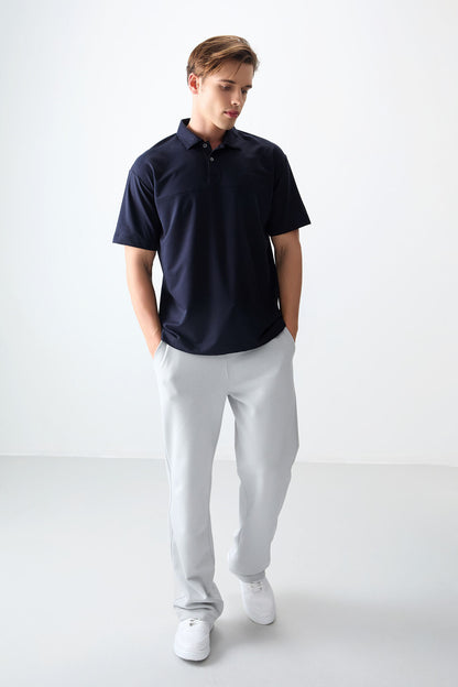 Navy Blue Cotton Thick Soft Textured Polo Collar Oversize Fit Basic Men's T-Shirt - 88382