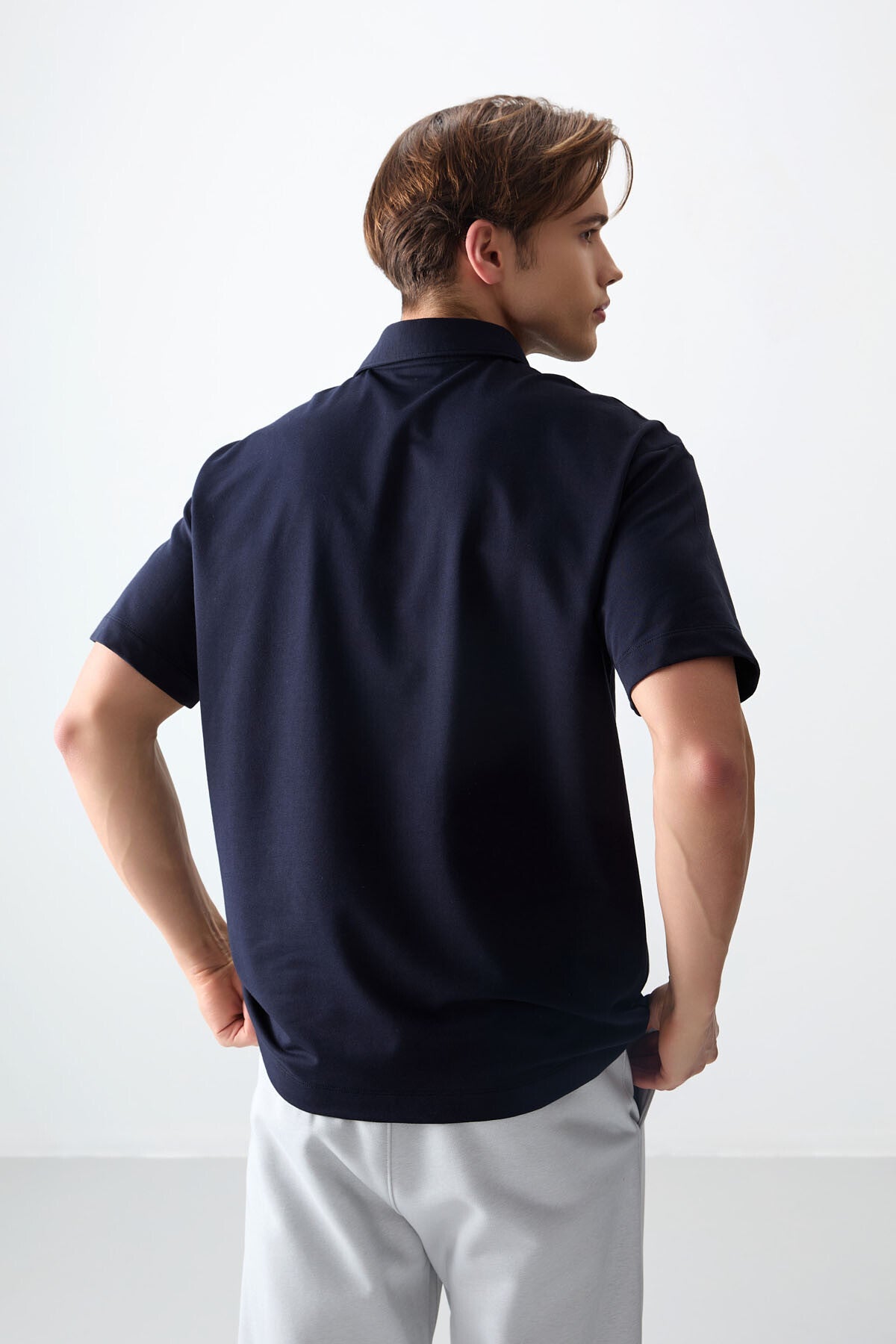 Navy Blue Cotton Thick Soft Textured Polo Collar Oversize Fit Basic Men's T-Shirt - 88382
