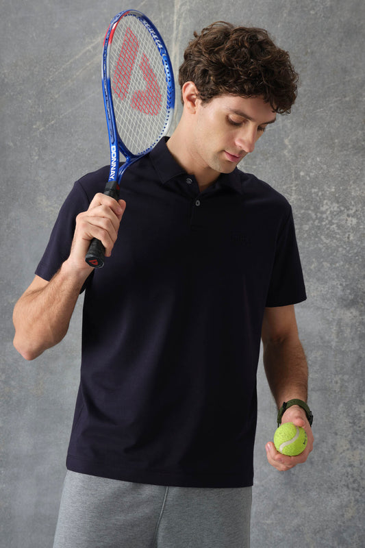 Navy Blue Cotton Thick Soft Textured Polo Collar Oversize Fit Basic Men's T-Shirt - 88382
