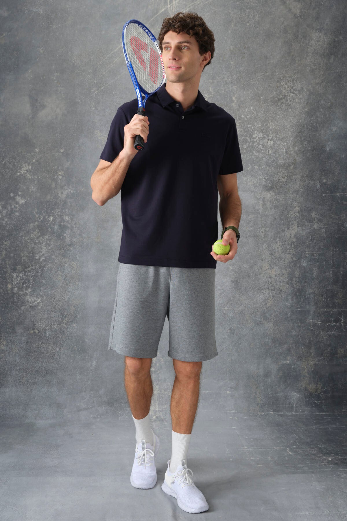 Navy Blue Cotton Thick Soft Textured Polo Collar Oversize Fit Basic Men's T-Shirt - 88382