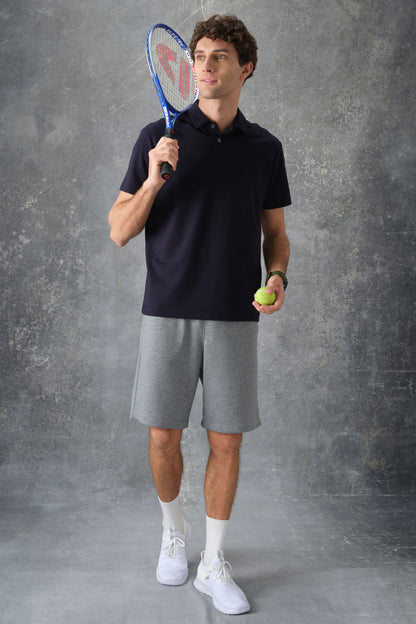 Navy Blue Cotton Thick Soft Textured Polo Collar Oversize Fit Basic Men's T-Shirt - 88382