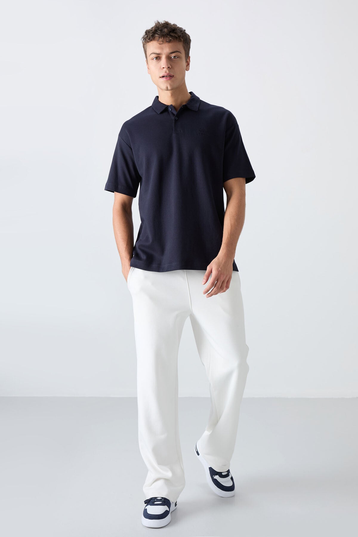 Navy Blue Cotton Thick Soft Textured Oversize Fit Basic Polo Collar Men's T-Shirt - 88327