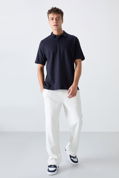 Navy Blue Cotton Thick Soft Textured Oversize Fit Basic Polo Collar Men's T-Shirt - 88327
