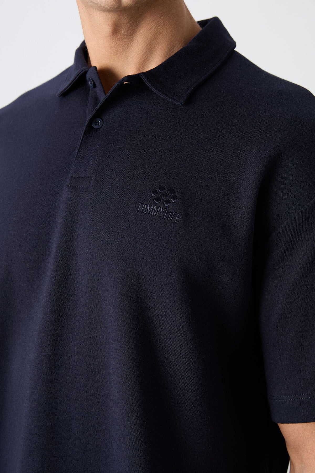 Navy Blue Cotton Thick Soft Textured Oversize Fit Basic Polo Collar Men's T-Shirt - 88327