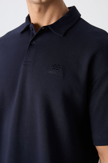 Navy Blue Cotton Thick Soft Textured Oversize Fit Basic Polo Collar Men's T-Shirt - 88327