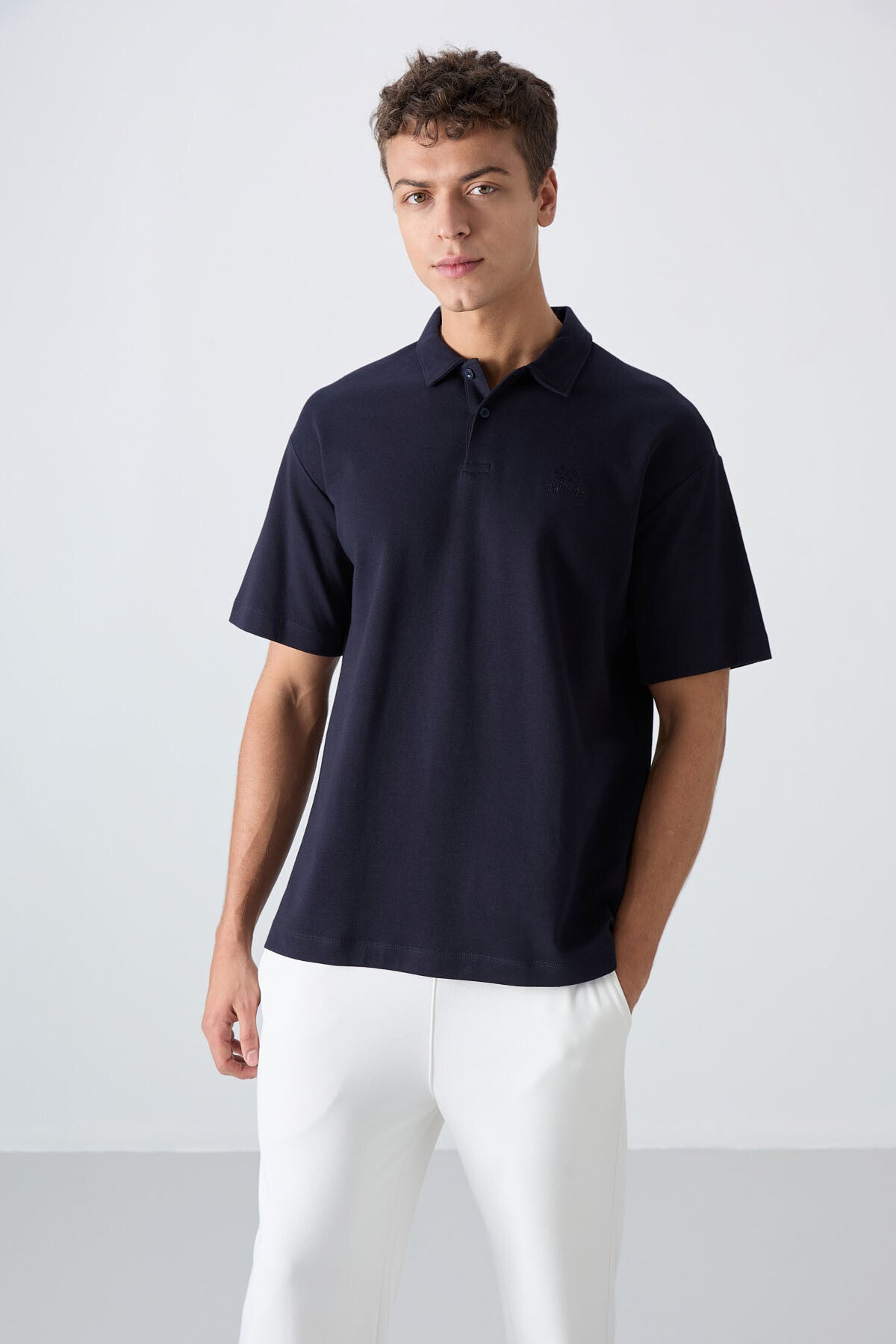 Navy Blue Cotton Thick Soft Textured Oversize Fit Basic Polo Collar Men's T-Shirt - 88327