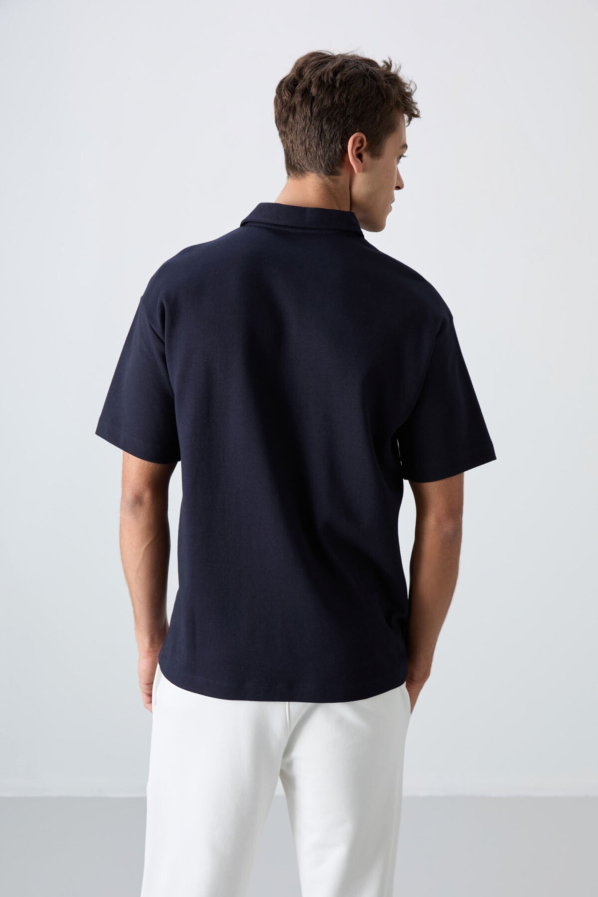 Navy Blue Cotton Thick Soft Textured Oversize Fit Basic Polo Collar Men's T-Shirt - 88327