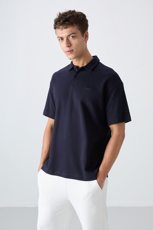 Navy Blue Cotton Thick Soft Textured Oversize Fit Basic Polo Collar Men's T-Shirt - 88327