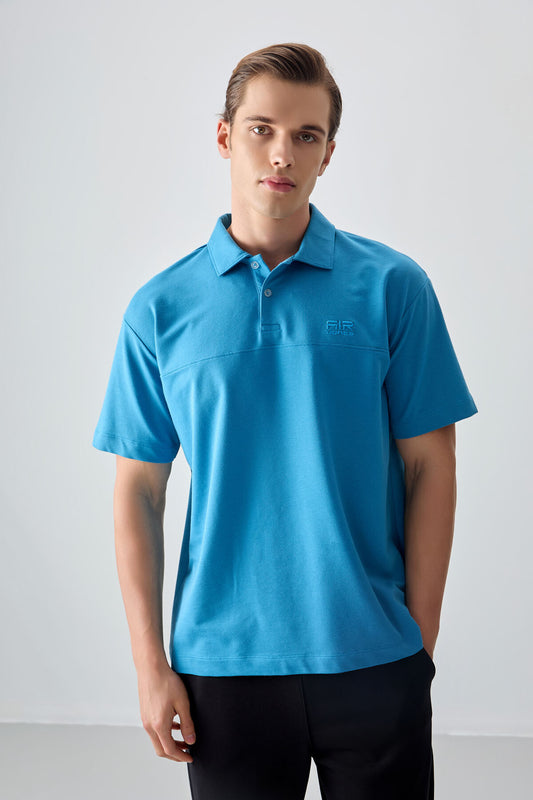 Blue Cotton Thick Soft Textured Polo Collar Oversize Fit Basic Men's T-Shirt - 88382