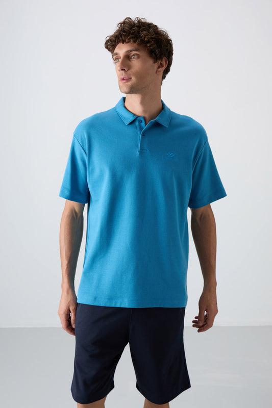 Petrol Blue Cotton Thick Soft Textured Oversize Fit Basic Polo Collar Men's T-Shirt - 88327