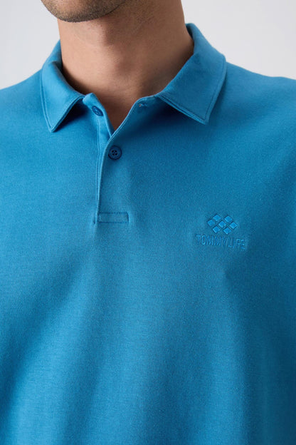Petrol Blue Cotton Thick Soft Textured Oversize Fit Basic Polo Collar Men's T-Shirt - 88327