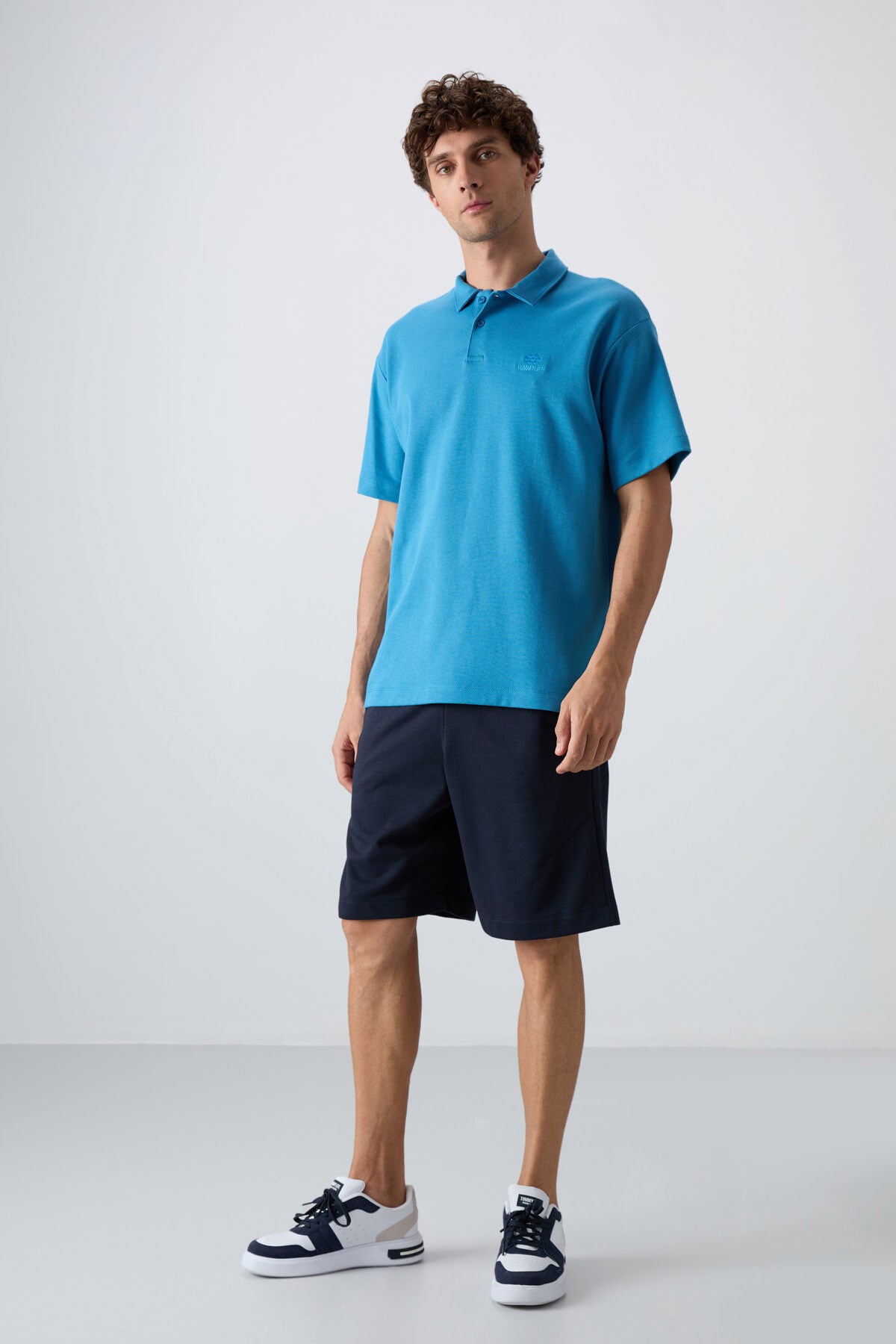 Petrol Blue Cotton Thick Soft Textured Oversize Fit Basic Polo Collar Men's T-Shirt - 88327