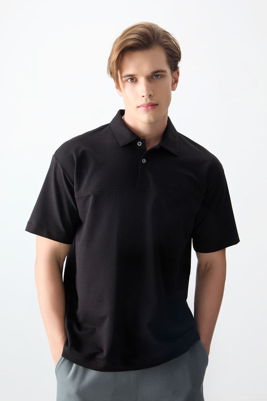 Black Cotton Thick Soft Textured Polo Collar Oversize Fit Basic Men's T-Shirt - 88382