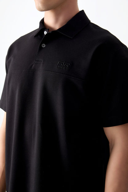 Black Cotton Thick Soft Textured Polo Collar Oversize Fit Basic Men's T-Shirt - 88382