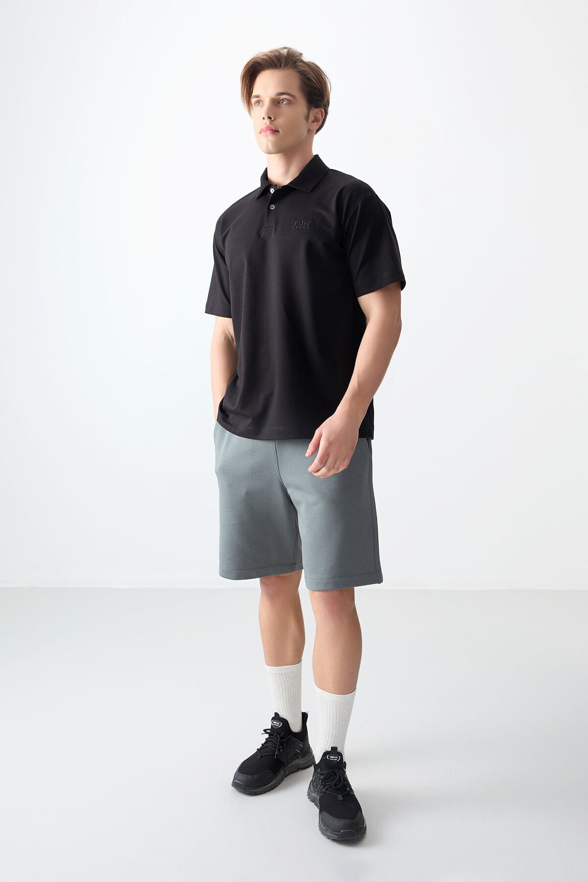 Black Cotton Thick Soft Textured Polo Collar Oversize Fit Basic Men's T-Shirt - 88382