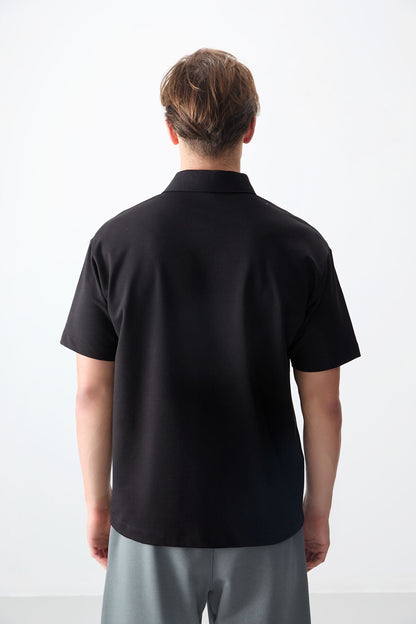 Black Cotton Thick Soft Textured Polo Collar Oversize Fit Basic Men's T-Shirt - 88382