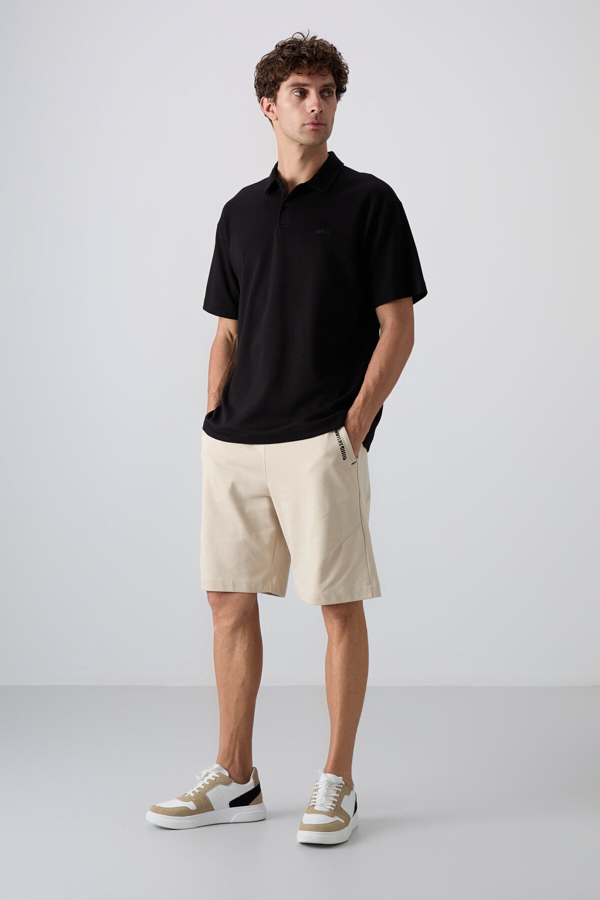 Black Cotton Thick Soft Textured Oversize Fit Basic Polo Collar Men's T-Shirt - 88327