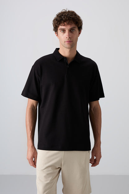 Black Cotton Thick Soft Textured Oversize Fit Basic Polo Collar Men's T-Shirt - 88327