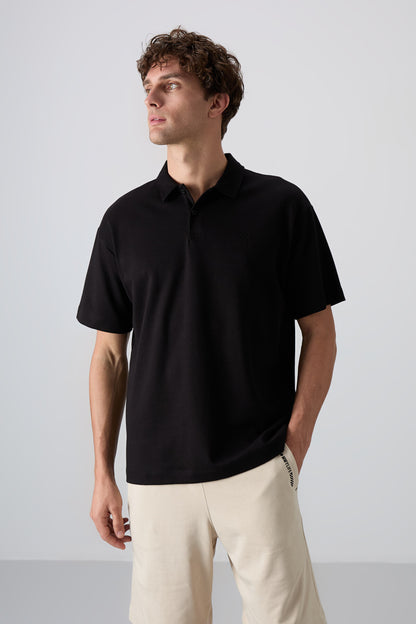 Black Cotton Thick Soft Textured Oversize Fit Basic Polo Collar Men's T-Shirt - 88327