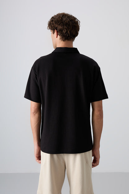 Black Cotton Thick Soft Textured Oversize Fit Basic Polo Collar Men's T-Shirt - 88327