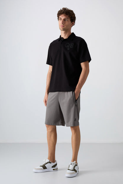 Black Cotton Thick Soft Textured Oversize Fit Printed Polo Collar Men's T-Shirt - 88347