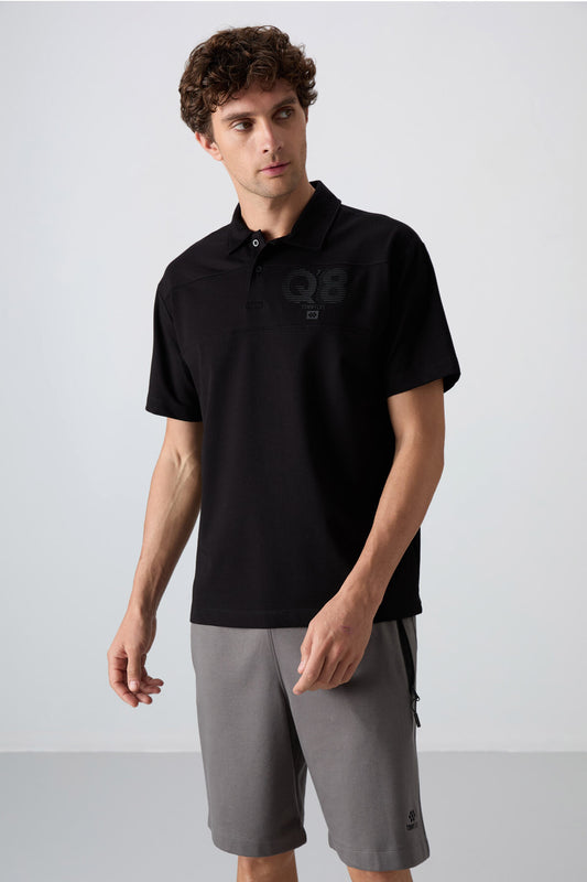 Black Cotton Thick Soft Textured Oversize Fit Printed Polo Collar Men's T-Shirt - 88347