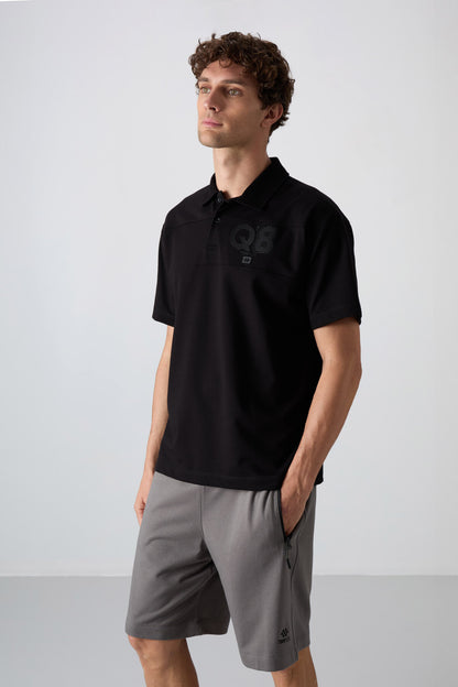Black Cotton Thick Soft Textured Oversize Fit Printed Polo Collar Men's T-Shirt - 88347
