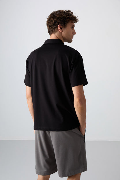 Black Cotton Thick Soft Textured Oversize Fit Printed Polo Collar Men's T-Shirt - 88347