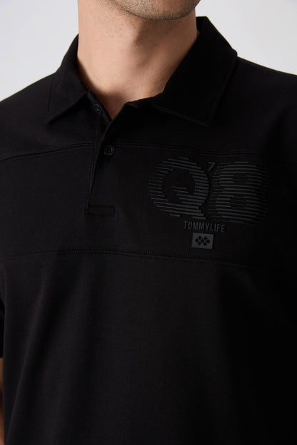 Black Cotton Thick Soft Textured Oversize Fit Printed Polo Collar Men's T-Shirt - 88347