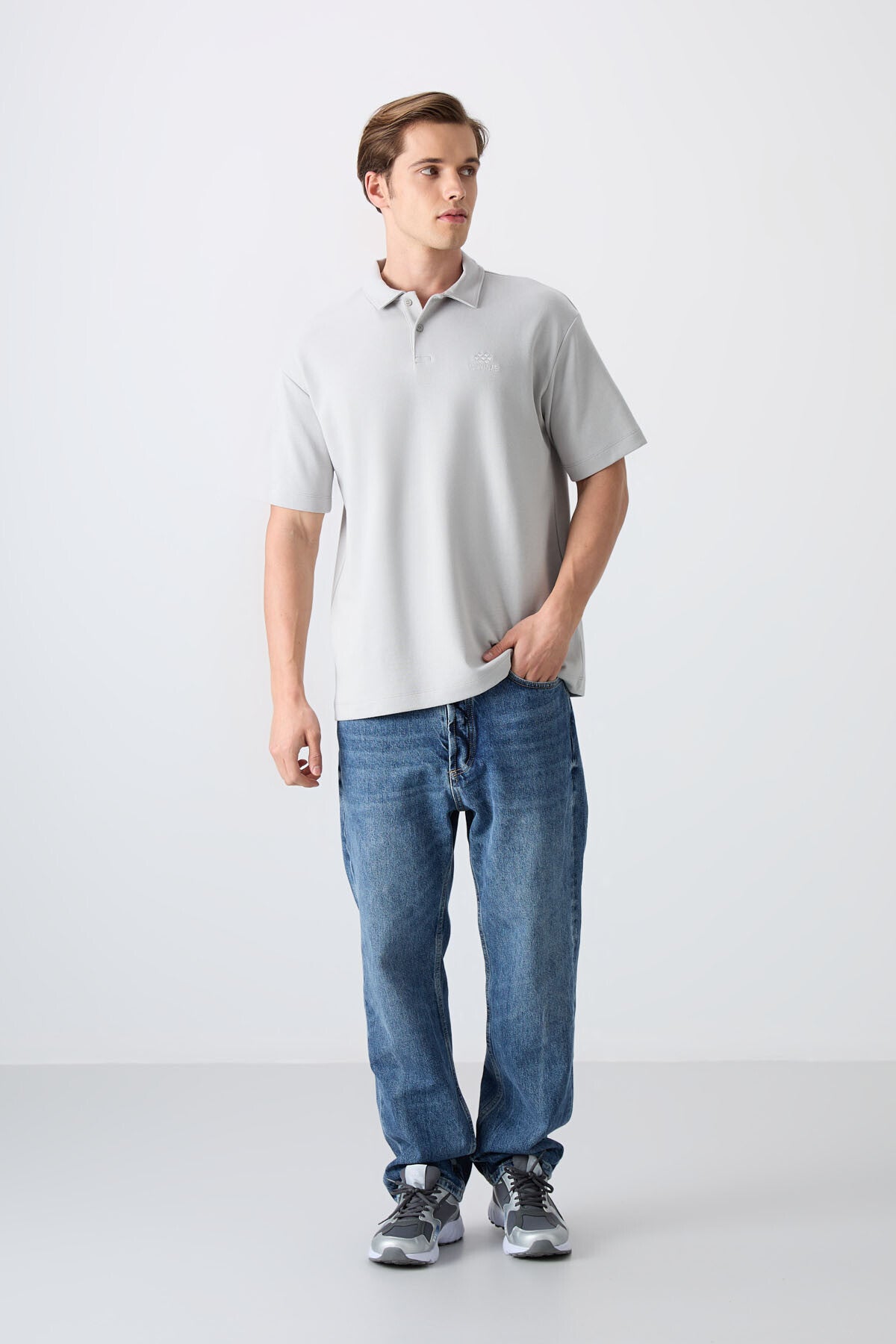 Stone Cotton Thick Soft Textured Oversize Fit Basic Polo Collar Men's T-Shirt - 88327