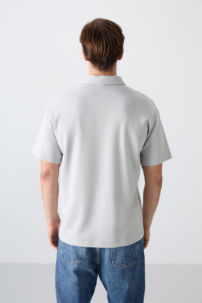 Stone Cotton Thick Soft Textured Oversize Fit Basic Polo Collar Men's T-Shirt - 88327