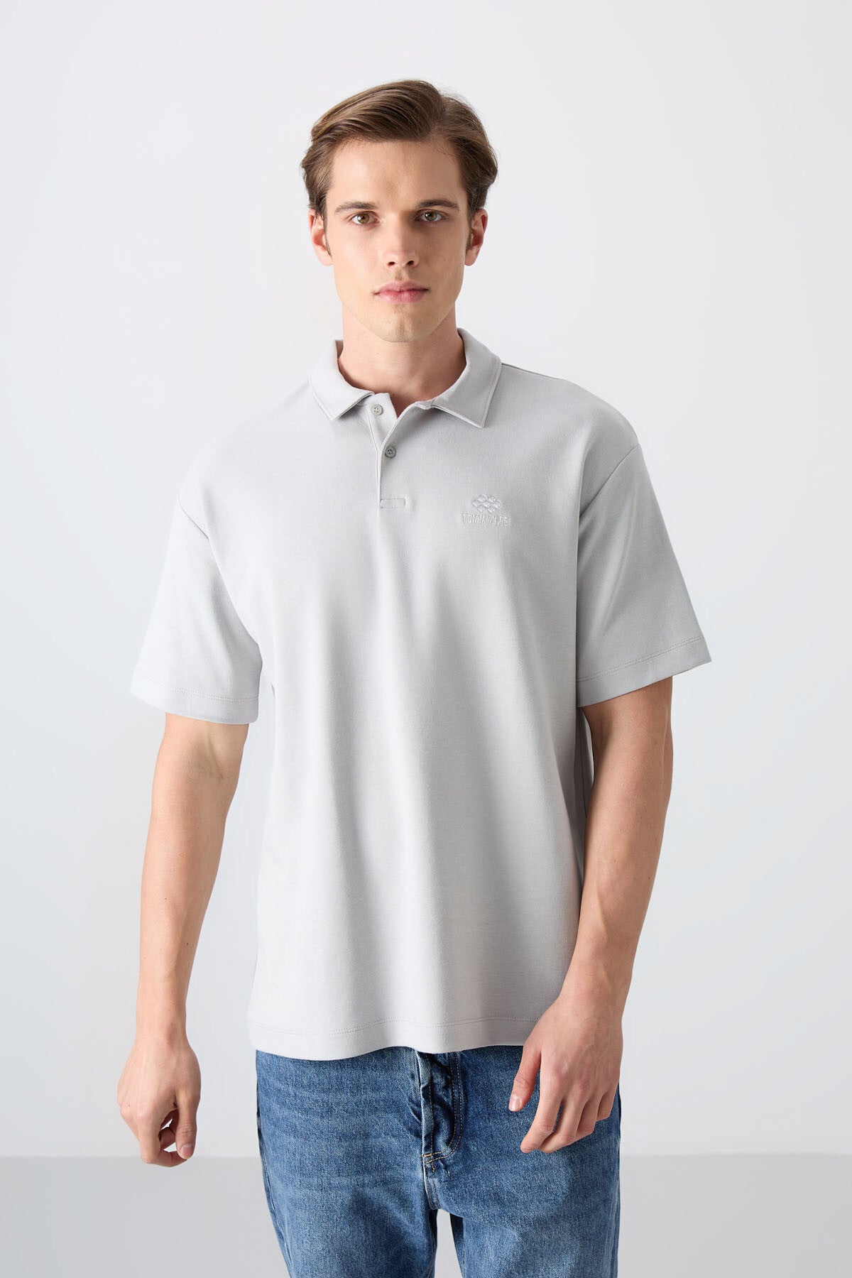 Stone Cotton Thick Soft Textured Oversize Fit Basic Polo Collar Men's T-Shirt - 88327