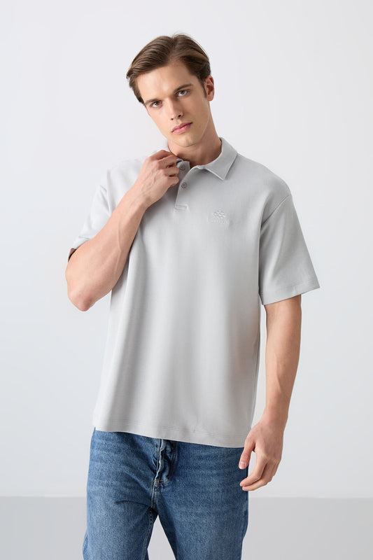 Stone Cotton Thick Soft Textured Oversize Fit Basic Polo Collar Men's T-Shirt - 88327