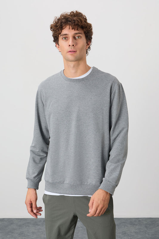 Grey Melange Cotton Soft Textured Standard Fit Basic Men's Sweatshirt - 88363