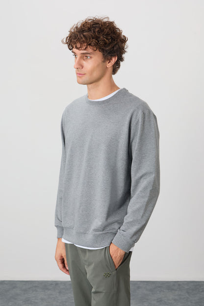 Grey Melange Cotton Soft Textured Standard Fit Basic Men's Sweatshirt - 88363