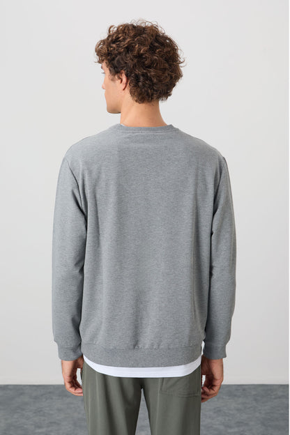 Grey Melange Cotton Soft Textured Standard Fit Basic Men's Sweatshirt - 88363