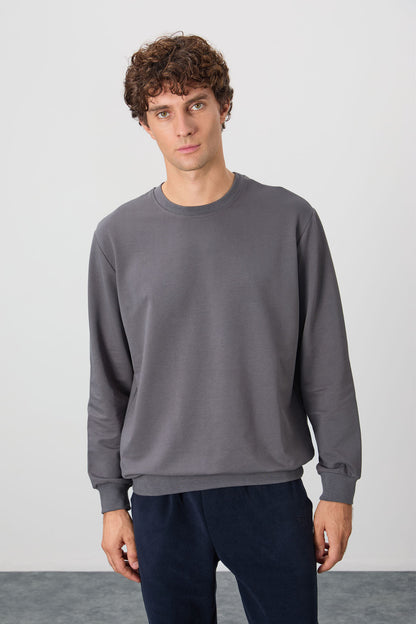 Dark Gray Cotton Soft Textured Standard Fit Basic Men's Sweatshirt - 88363