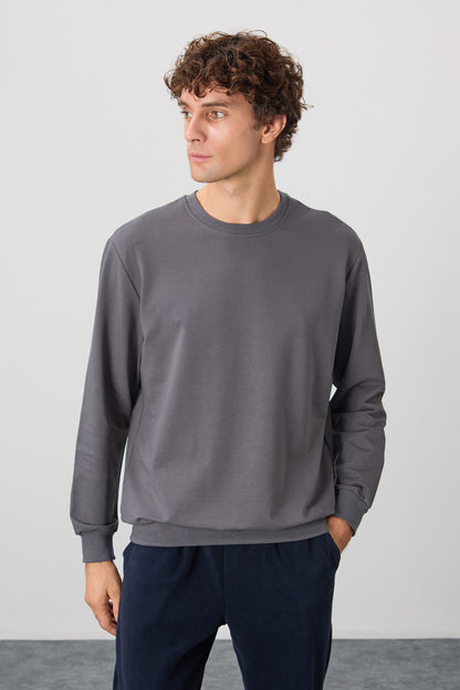 Dark Gray Cotton Soft Textured Standard Fit Basic Men's Sweatshirt - 88363