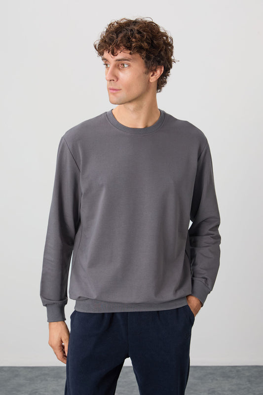 Dark Gray Cotton Soft Textured Standard Fit Basic Men's Sweatshirt - 88363