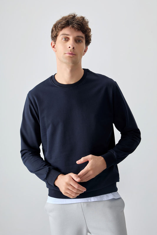 Navy Blue Cotton Soft Textured Standard Fit Basic Men's Sweatshirt - 88363