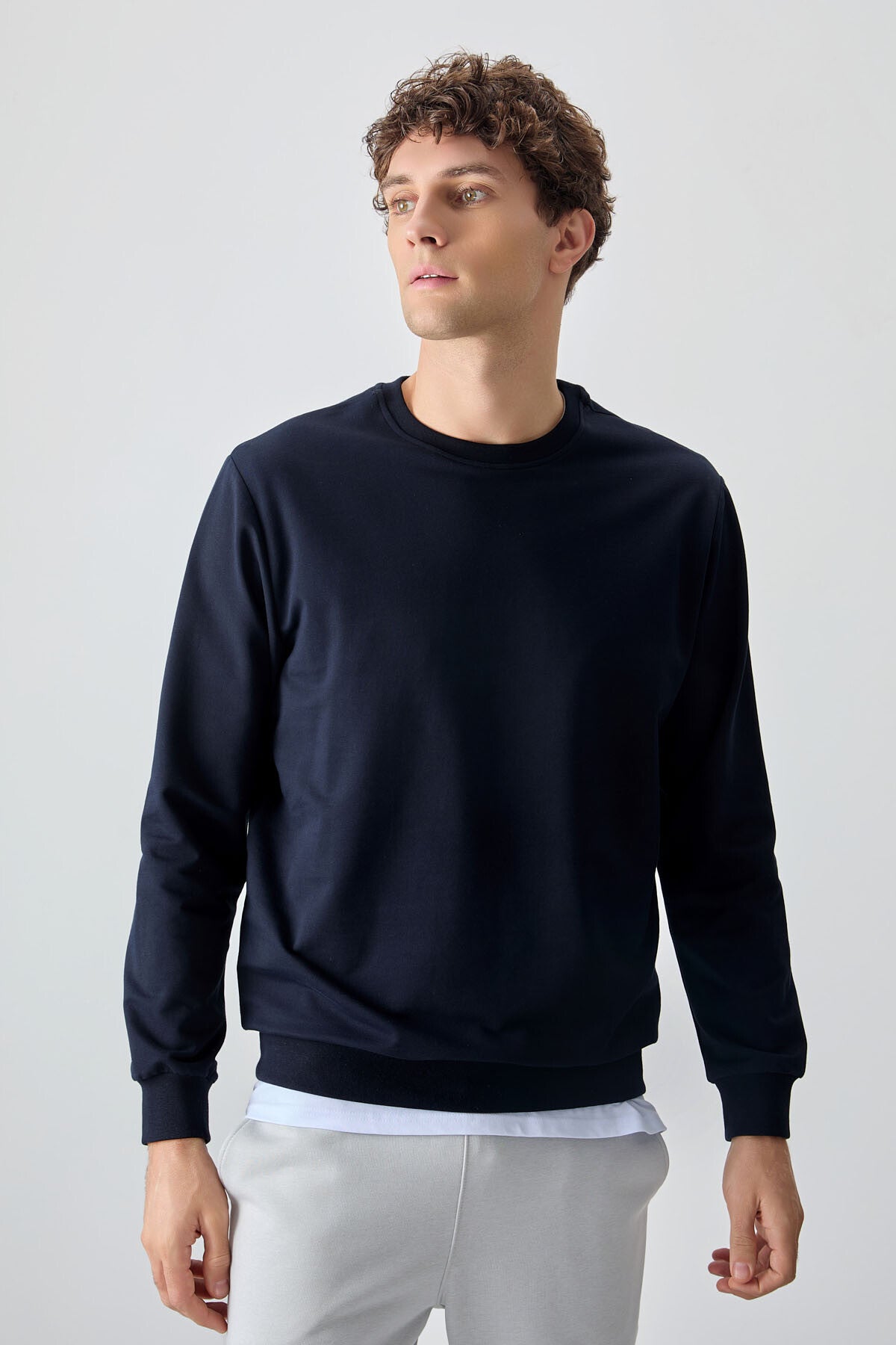 Navy Blue Cotton Soft Textured Standard Fit Basic Men's Sweatshirt - 88363