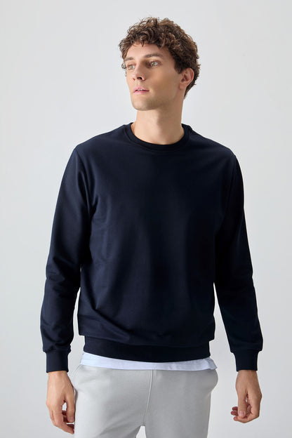 Navy Blue Cotton Soft Textured Standard Fit Basic Men's Sweatshirt - 88363