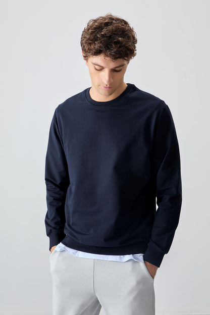 Navy Blue Cotton Soft Textured Standard Fit Basic Men's Sweatshirt - 88363