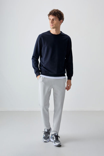Navy Blue Cotton Soft Textured Standard Fit Basic Men's Sweatshirt - 88363