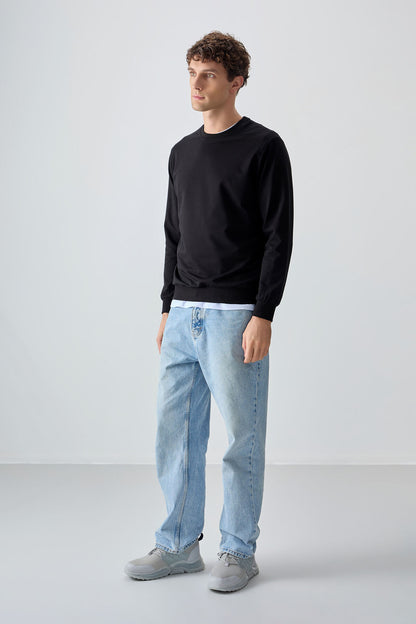 Black Cotton Soft Textured Standard Fit Basic Men's Sweatshirt - 88363